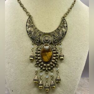 Antique Gold Tone Filigree Bib Tigers Eye Gemstone Pendant w/Dangling Beads